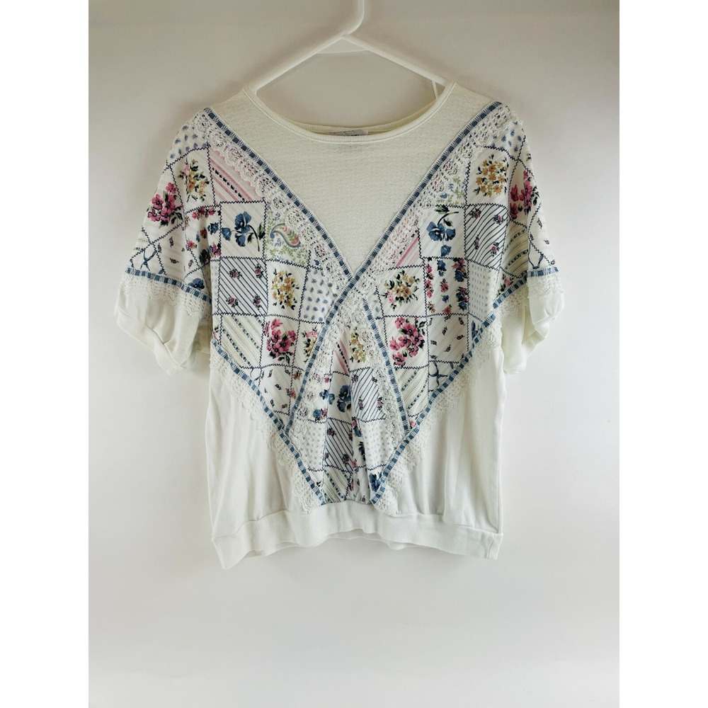 Alabuy Lace Shirt Women's Size Medium? White Vintage Boat Neck Floral Chevron